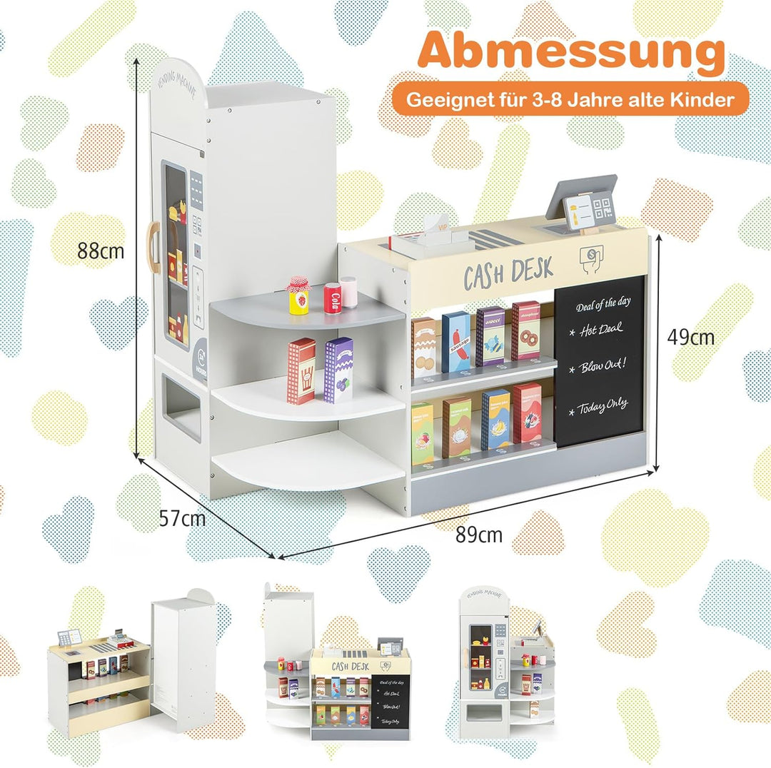 COSTWAY Kinder Kaufladen, Kaufmannsladen aus Holz mit Seitentheke, Supermarkt-Set mit Kasse, POS-Mas