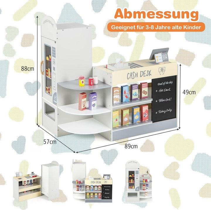 COSTWAY Kinder Kaufladen, Kaufmannsladen aus Holz mit Seitentheke, Supermarkt-Set mit Kasse, POS-Mas