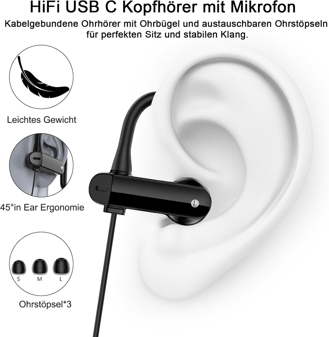 USB C Kopfhörer mit Mikrofon Ohrhaken Lautstärkeregler Kopfhörer USB C mit Kabel für Samsung Galaxy