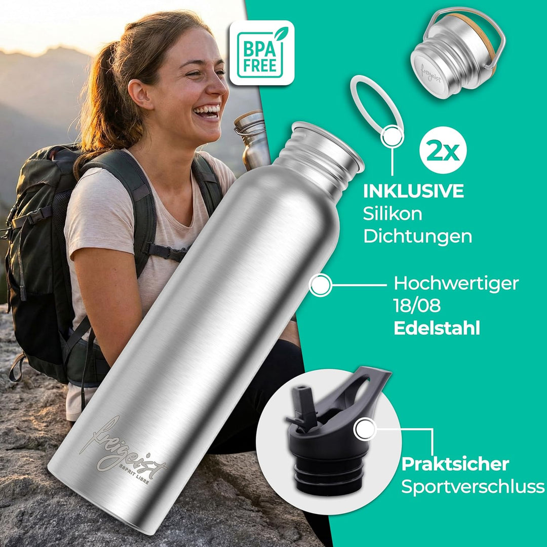 Die Trinkflasche Edelstahl 500ml + EXTRA Sportverschluss, Edelstahl Trinkflasche 750ml, 500ml + 350