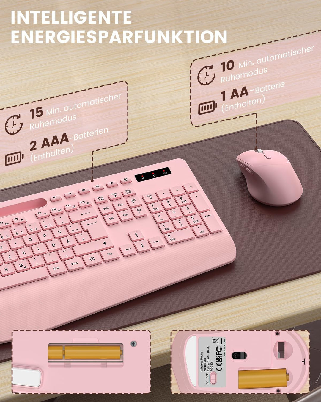 Tastatur Maus Set kabellos, 2.4G keine Latenz Ergonomische Tastatur kabellos Set, Handballenauflage,