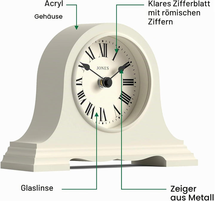 JONES CLOCKS® Speakeasy Tischuhr | Klassisches Napoleon|Hut|Design | Blasscreme | Römische Ziffern |