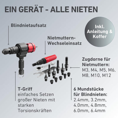 Nietaufsatz 2-in-1 für Blindnieten (2,4-6,4mm) und Nietmuttern (M3-M12) mit T-Griff, für Bohrmaschin