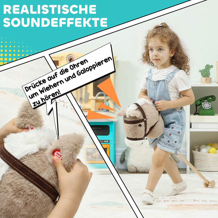 AIYAPLAY Hobby Horse Steckenpferd mit Sound, Rolle, Holzstock, Hobby Horsing aus Polyester für Kinde