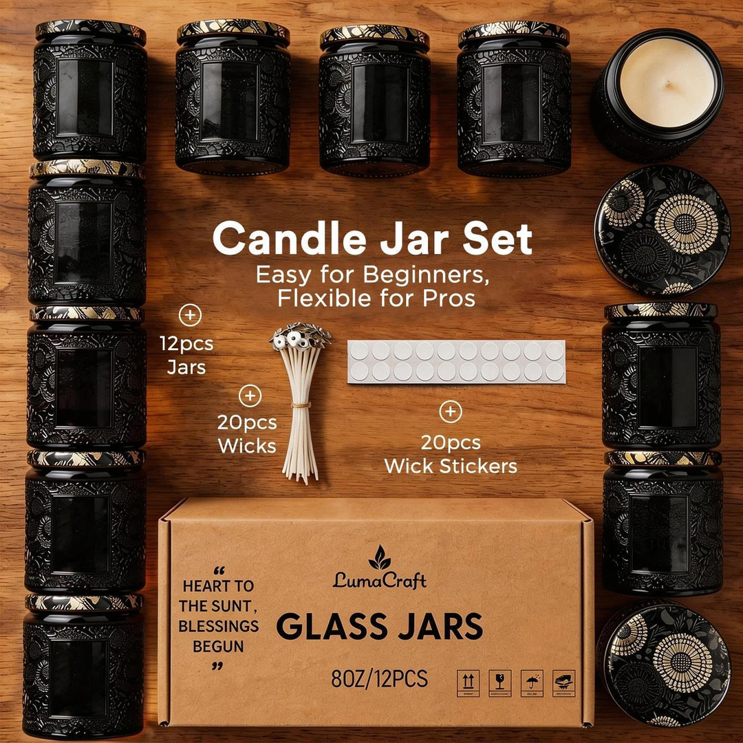 LumaCraft Candle Luxus Relief Kerzengläser zum Kerzen giessen- 12er Pack Leere Glasgefässe mit Luftd