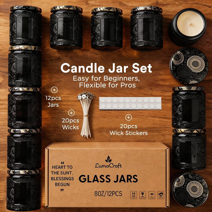 LumaCraft Candle Luxus Relief Kerzengläser zum Kerzen giessen- 12er Pack Leere Glasgefässe mit Luftd