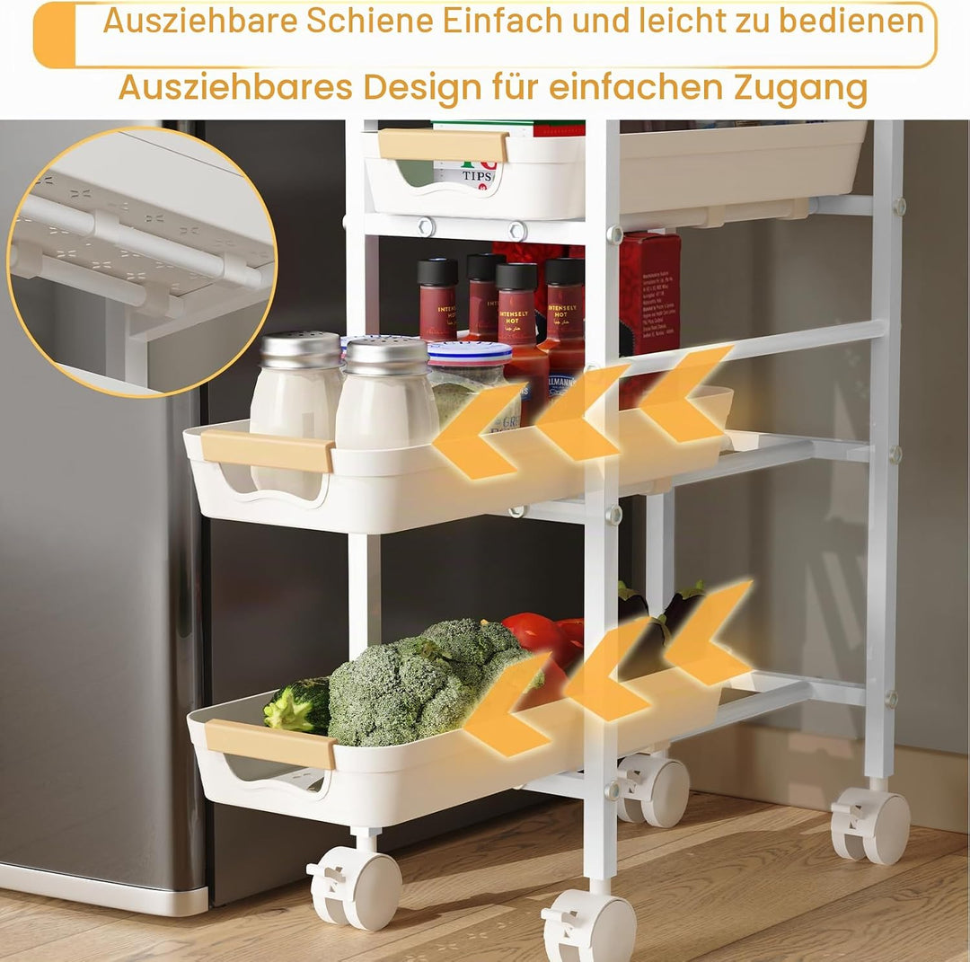 DROMEZ Rollwagen Schmal, 20cm küchenwagen Metall mit 5 Ebenen, Weiss - Nischenwagen auf Rollen mit 4