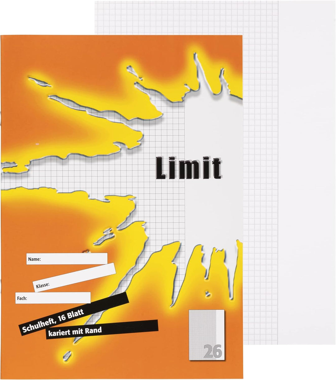 LIMIT Schulheft 100050511 10er Pack A4 Lineatur 26 - kariert mit Rand 16 Blatt orange &amp; Schulheft 10