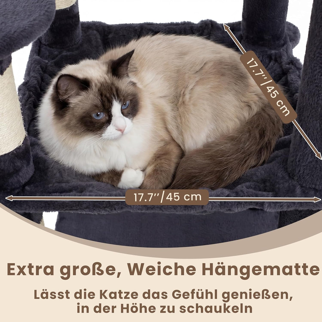 Heybly kratzbaum 142 cm mit Leichtem Aufstieg, 2 Ruheplattformen, Katzenhöhle, Hängematte und Korb,