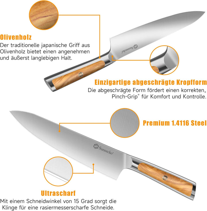 Sunnecko 6-tlg Messerset mit Messerblock –Kochmesser Set für Küche, Küchenmesser Set mit ergonomisch