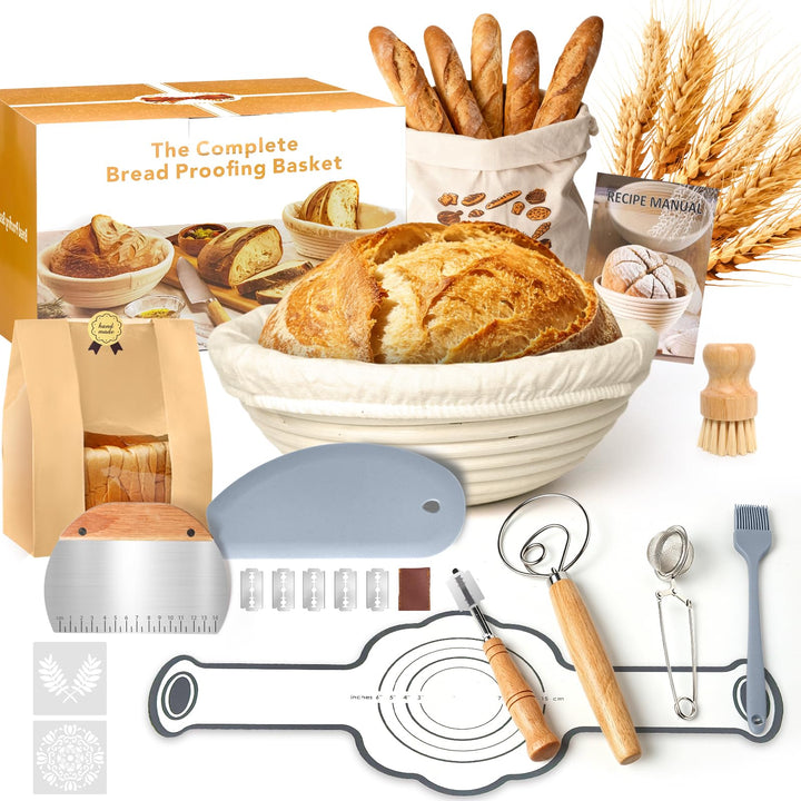 Gärkörbchen Für Sauerteig Starter Set, Gärkorb (23cm rund),100% natürlichem Rattan, inkl. Leineneins