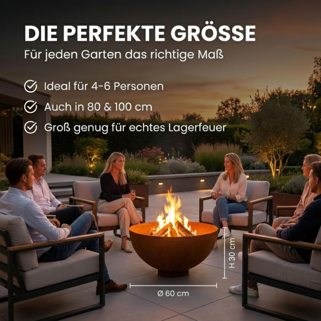 MOODZ Feuerstelle Dome – Hochwertige Feuerschale 60 cm aus 3mm Cortenstahl – Robuste Gartenfeuerstel