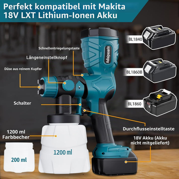 18V-Farbsprüher Hochgeschwindigkeit für Makita 18V LXT Akku, 2 Behälter, leicht zu reinigen, für Hau