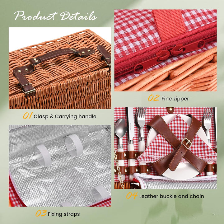 Picknickkorb 4 Personen,Picknickkorb mit Kühlfach und wasserdichte Picknickdecke, Piknik Korb Set mi