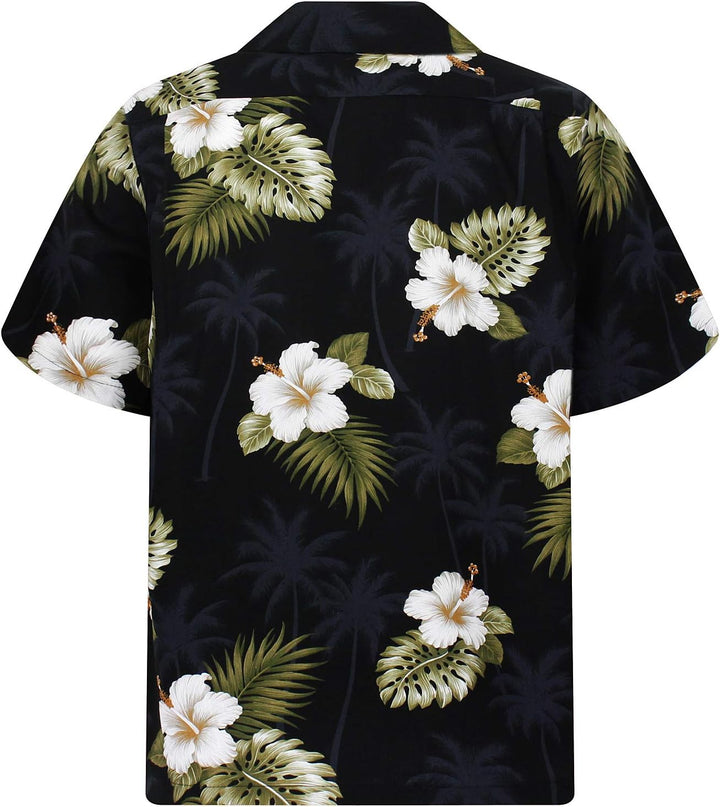 P.L.A. Pacific Legend Original Hawaiihemd, Kurzarm, Weisser Hibiskus Allover, Schwarz, S