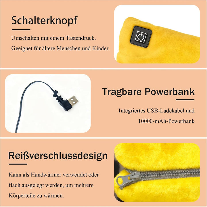 Handwärmer Elektrisch, Beheizbare Handschuhe mit 10000mAh Akku, Taschenwärmer wiederverwendbar 3 Hei