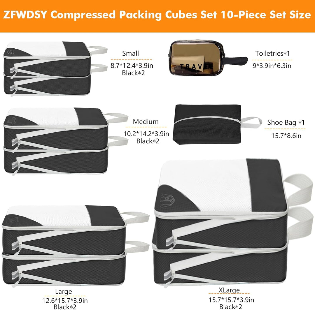 Packwürfel Set 10 Teilig Compression Packing Cubes,Platzsparendes Koffer Organizer für Travel Essent