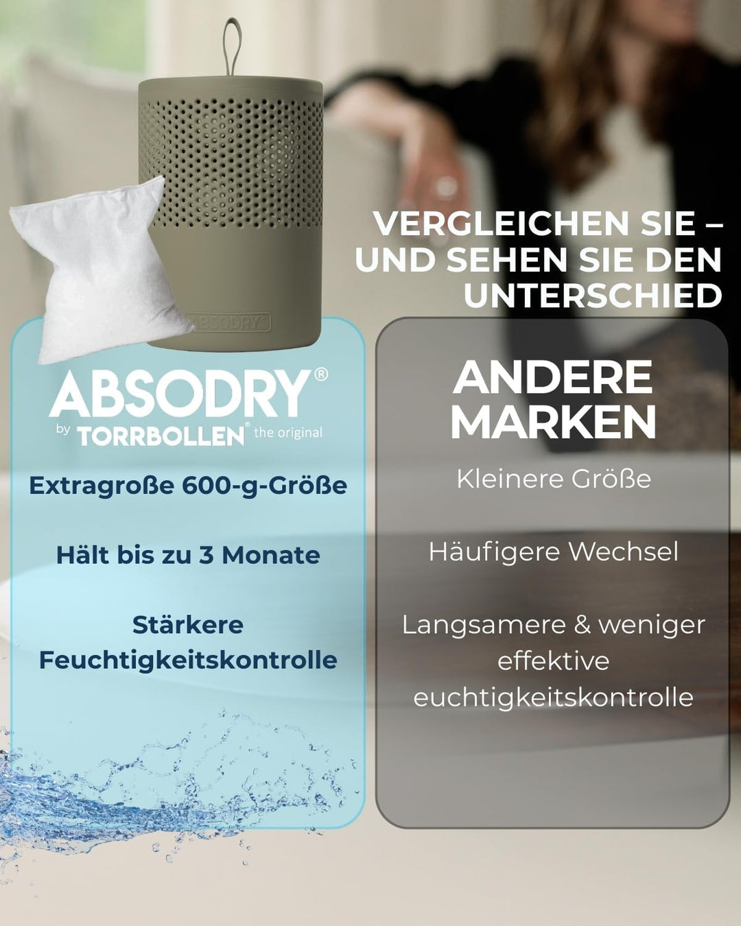 Absodry Duo Family Luftentfeuchter für 25m2 Entfeuchter 600 g Granulat-Beutel, 1000 ml leise ohne St