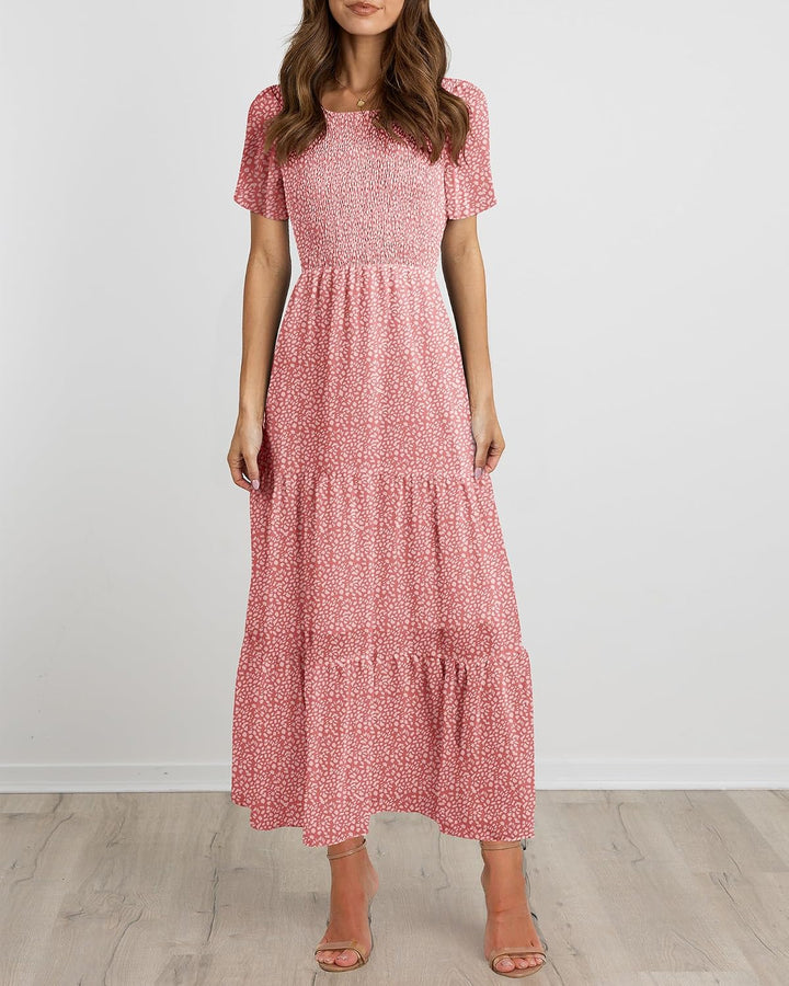 BTFBM Lässiges Sommerkleid für Damen, kurzärmelig, mit Rundhalsausschnitt, Boho-Stil, mit Blumendruc