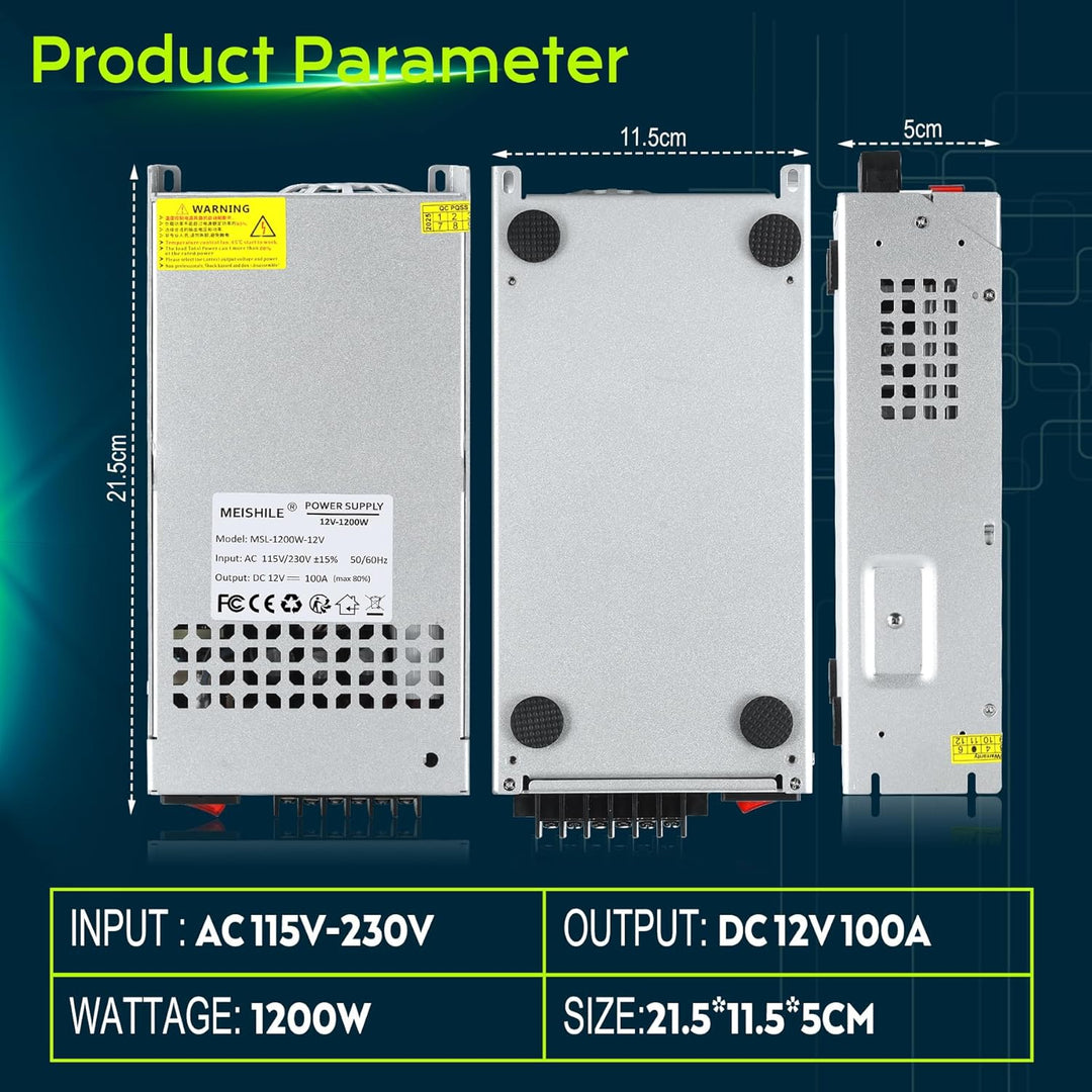 MEISHILE 12V 100A 1200W Netzteil Schaltnetzteile Stromversorgung AC to DC Transformator für LED Lich