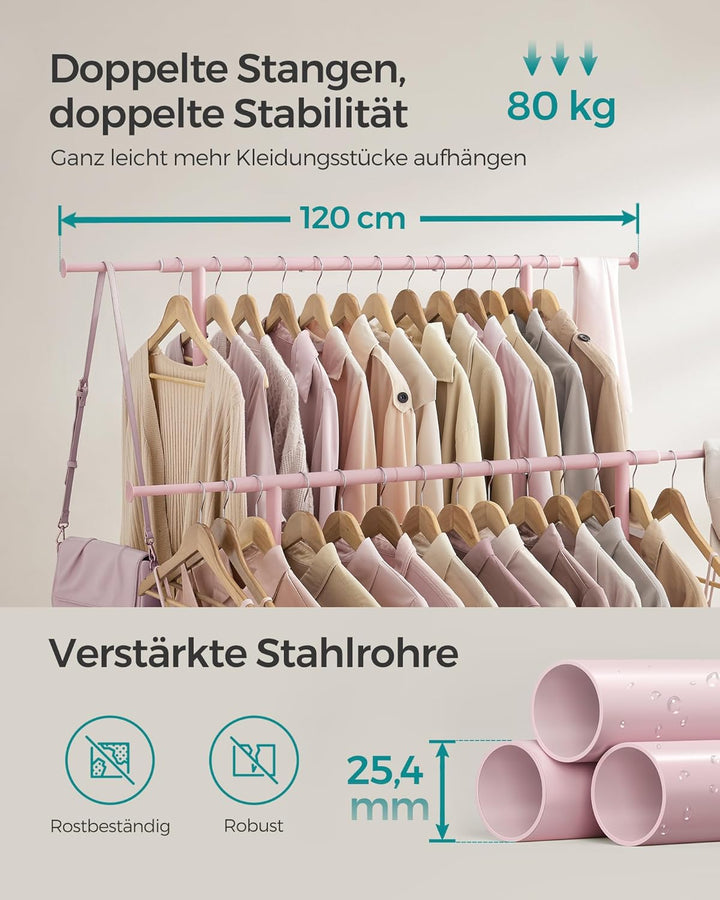 SONGMICS Kleiderständer auf Rollen, doppelte Stangen, ausziehbare Kleiderstangen, Garderobenständer