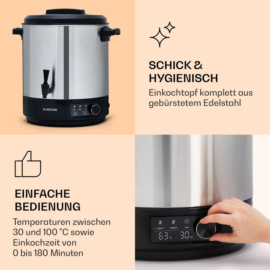 Klarstein Einkochautomat mit Hahn, 25L Glühweinkocher, Edelstahl-Glühweinkocher mit Zapfhahn, Grosse