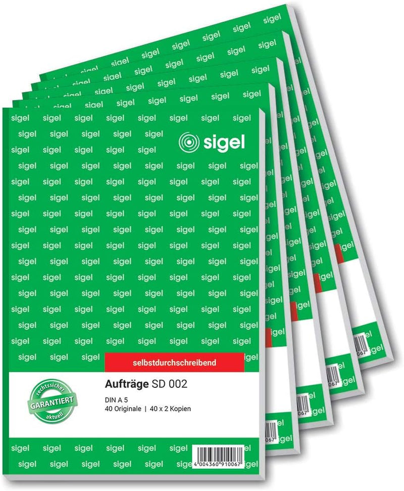 SIGEL SD002/5 Auftragsbuch A5, 3 x 40 Blatt, selbstdurchschreibend, 5er Pack 5 Stück A5, 3x40 Blatt,