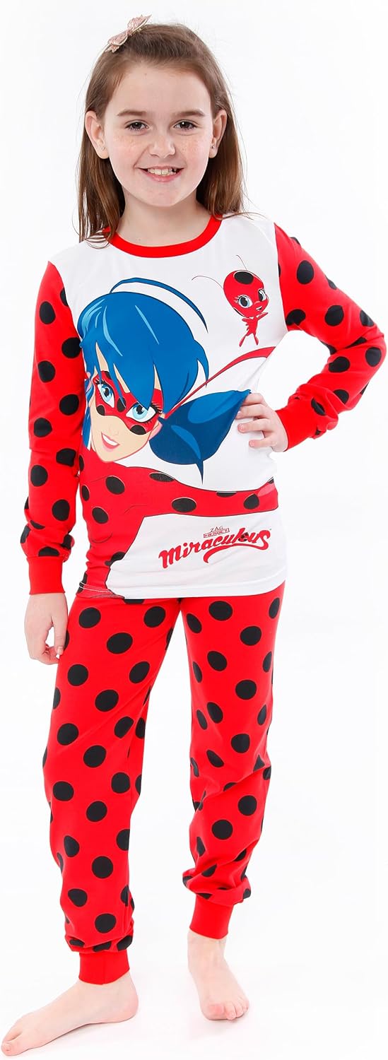 Miraculous Schlafanzug Mädchen | Lady Bug Pyjama für Kinder | Eng Anliegender Lang Schlafanzüge 104