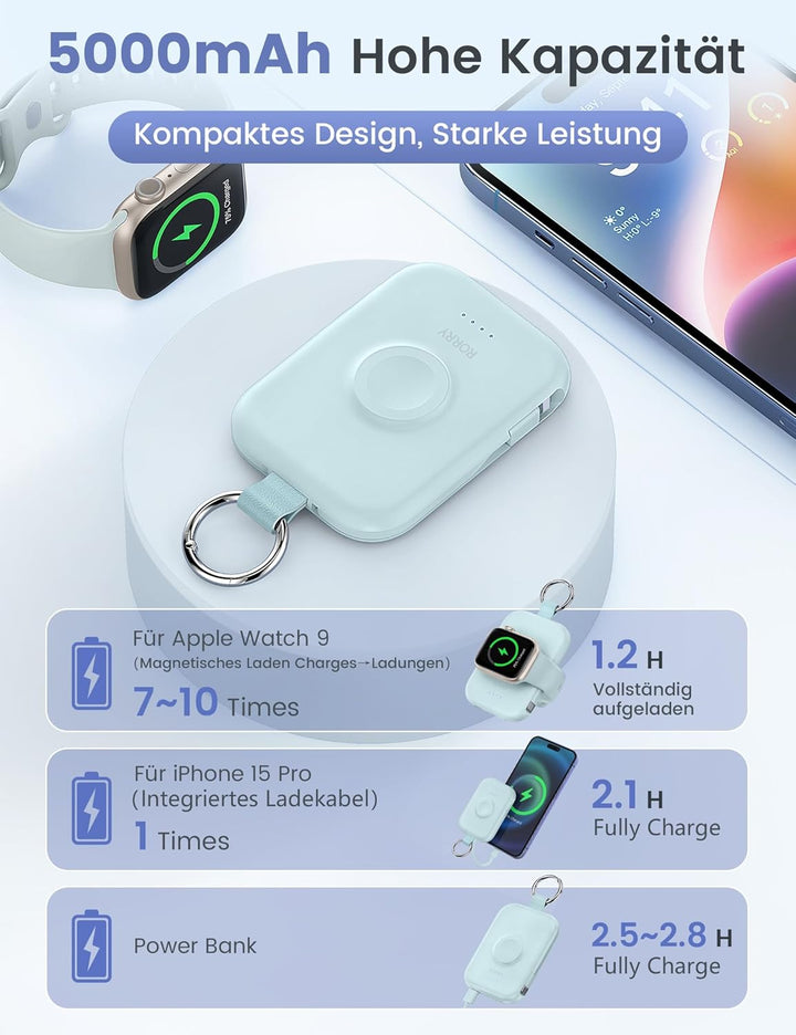 RORRY Power Bank, 5000mAh Powerbank mit Integriertem Kabel, Reise Portable Charger Schlüsselanhänger