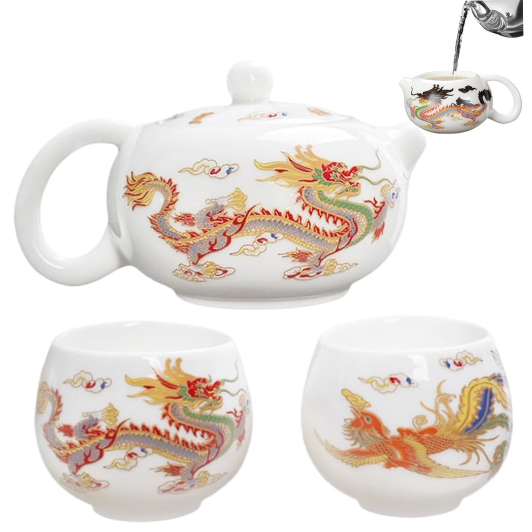 Jorzer Keramik-Teekanne mit 2 Tassen Drache und Phönix Farbwechsel chinesische Teekanne mit Henkel u
