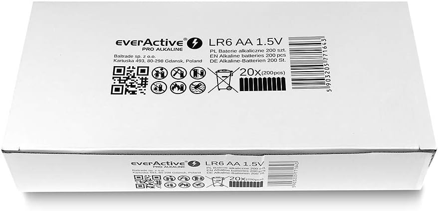 everActive AA Batterien, Pro Alkaline, Mignon LR6 R6 1.5V 10 Jahre Haltbarkeitsdatum - 200 Stück Pac