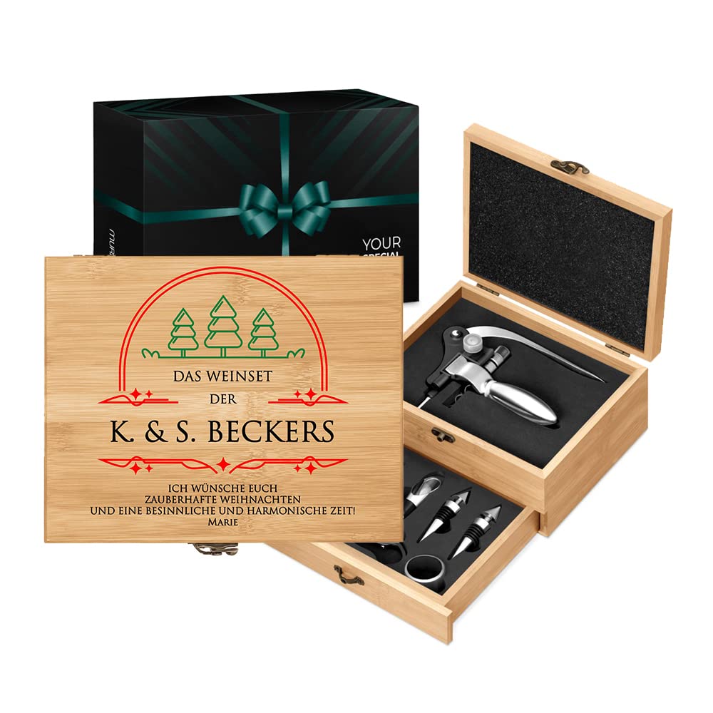 Maverton Weinöffner-Set personalisiert Weinset Sommelier Set - Geschenkbox Holzbox + 8er Weinzubehör
