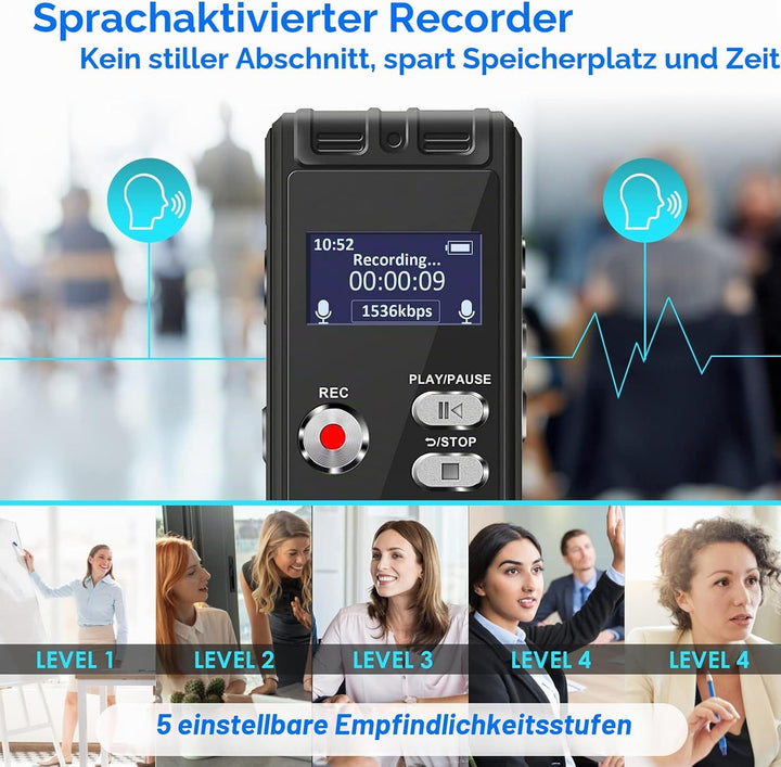 16 GB Aiworth Sprachaktivierter Digitaler Diktiergerät–Mini Aufnahmegerät mit Wiedergabe und Passwor