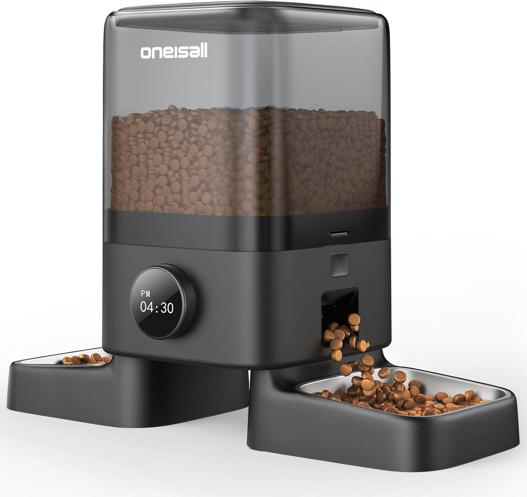 oneisall 5L Futterautomat Katzen 2 Näpfe, Katzenfutter Automat Kabellos mit 304 Edelstahlnapf, 1-6 M