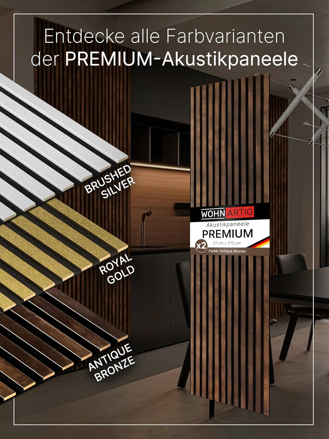 wohnartig® Akustikpaneele 1,485m² - 275cm x 54cm* set - (set = 2 Stück 275cm x 27cm) | Farbe: Antiqu