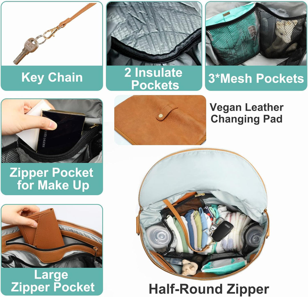 Wickeltasche aus Leder, Wickelrucksack mit Laptophülle, Wickelunterlage, Feuchttüchern, Kinderwageng