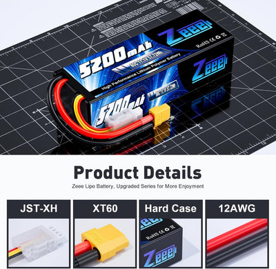 Zeee 3S Lipo Akku 5200mAh 11.1V 80C RC Akku Hartschalen mit XT60 Stecker für RC Auto LKW Tank Boot R