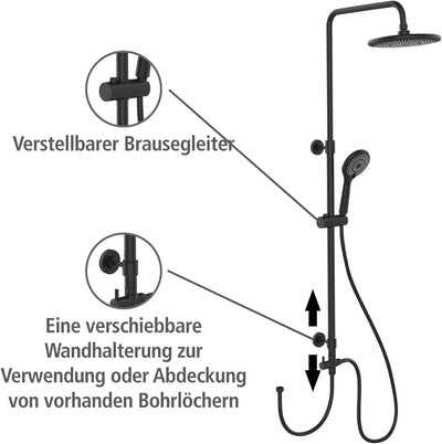 WENKO Duschsystem Watersaving, Duschstange aus Edelstahl mit wassersparendem Regenduschkopf und Hand