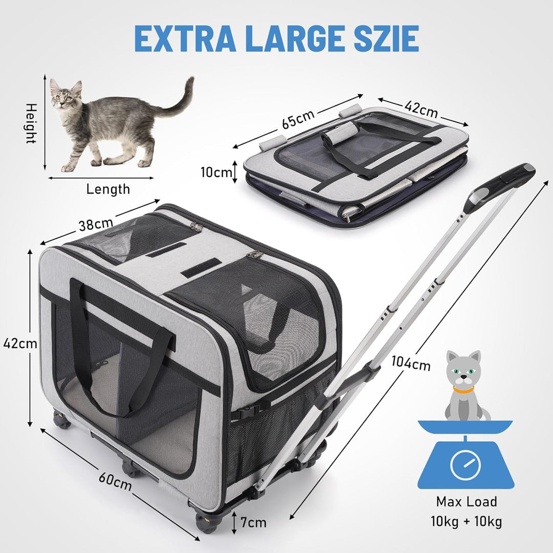 FASNATI Extra grosse Haustiertrage mit zwei Fächern und abnehmbaren Rädern für Katze/Hund, zusammenk