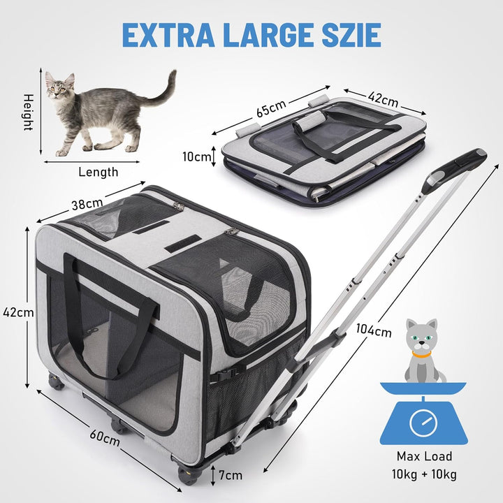 FASNATI Extra grosse Haustiertrage mit zwei Fächern und abnehmbaren Rädern für Katze/Hund, zusammenk