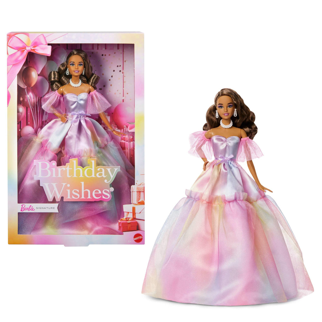 Barbie Signature Birthday Wishes Modepuppe mit braunen Haaren in einem Kleid mit pastellfarbenem Reg