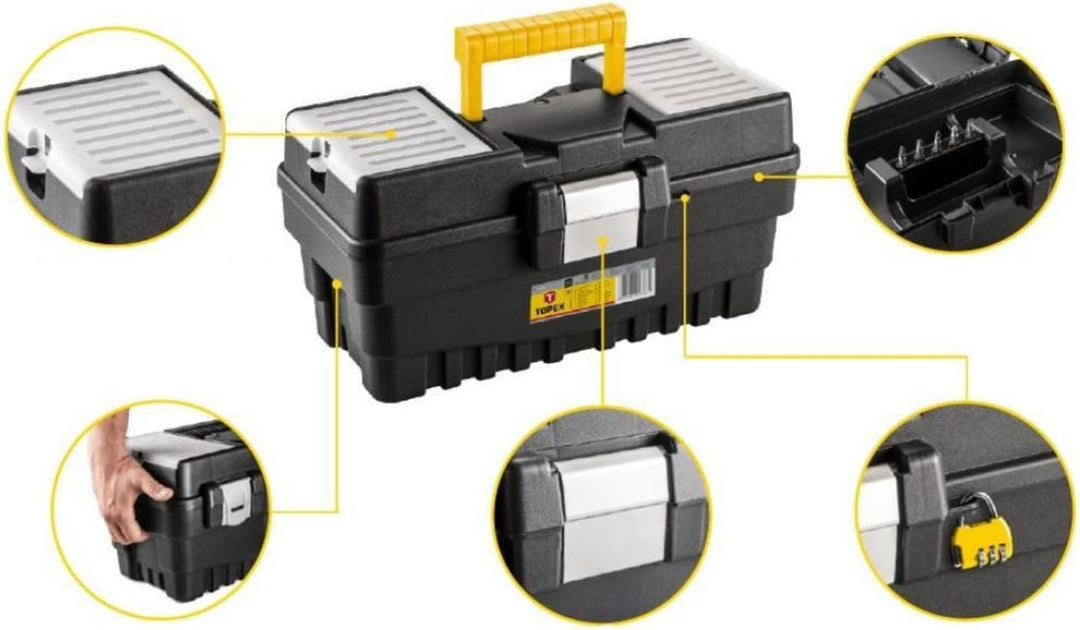 TOPEX Profi Werkzeugkasten 15" (37,4 x 18,9 x 19,8 cm) Organizer, Verschliessbare Fächer, Alu-Klamme