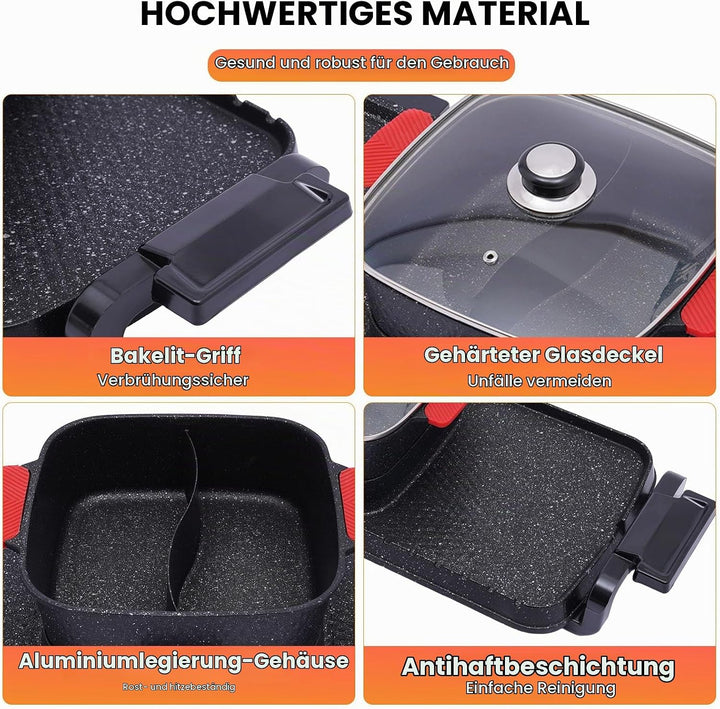 2 in 1 Elektrischer Hot Pot Grill, 1100W+2200W Multifunktionale BBQ Hot Pot, Korean Barbecue Hot Pot