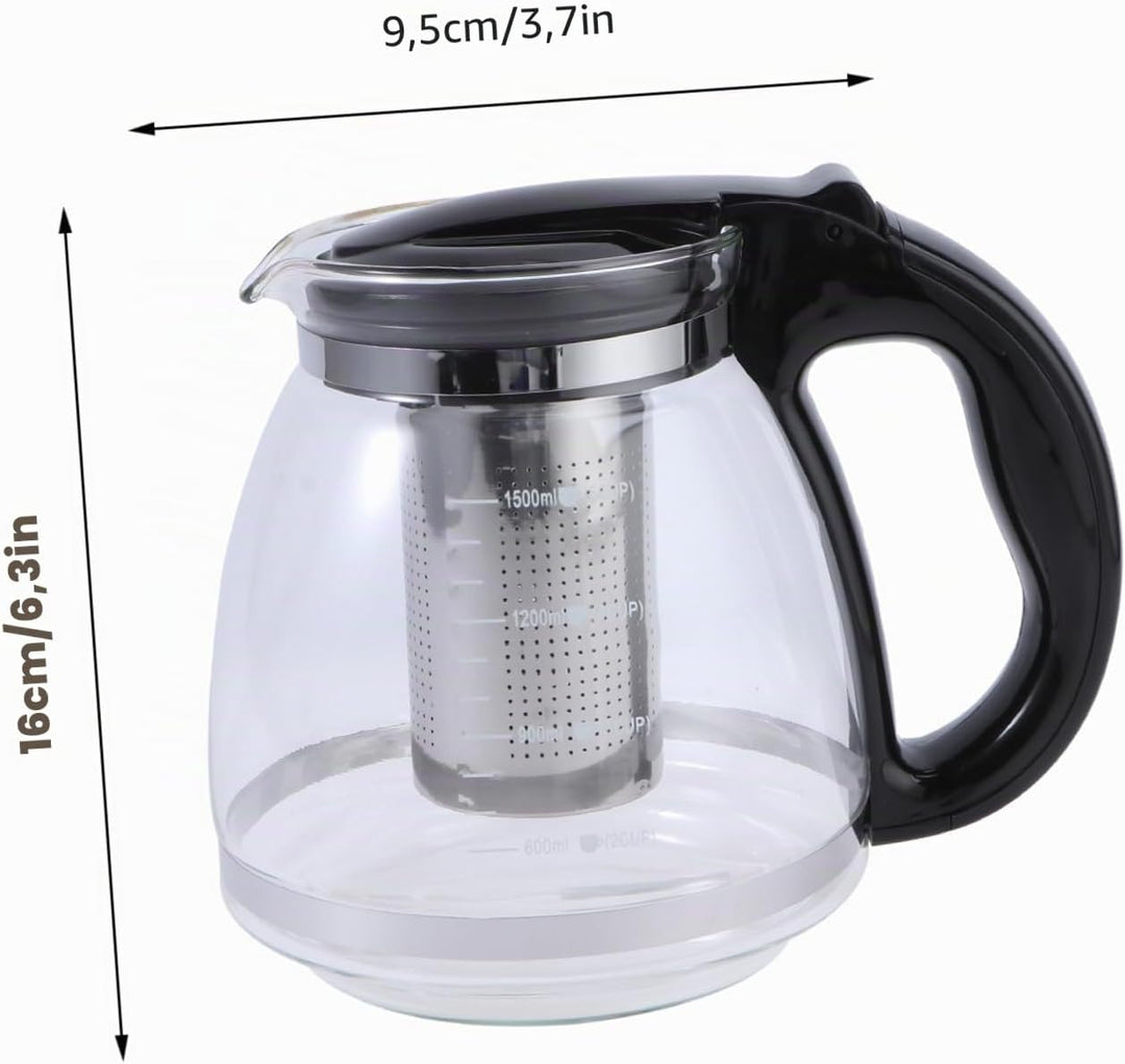 OUNONA Glas-Teekanne, Edelstahl-Filtergriff, hitzebeständig, 1500 ml, Schwarz