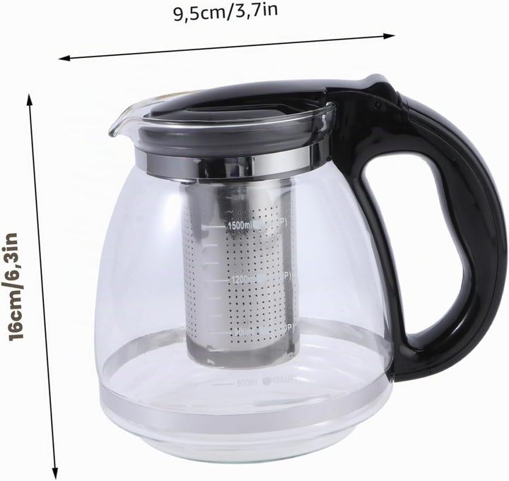 OUNONA Glas-Teekanne, Edelstahl-Filtergriff, hitzebeständig, 1500 ml, Schwarz