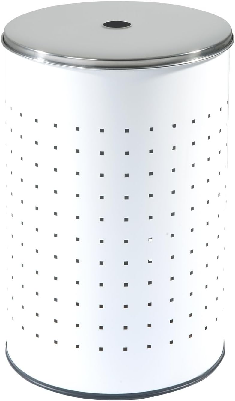 Wäschekorb mit Deckel und Luftlöchern - Edelstahl - Weiss - 37 L - Ø 29 cm - 54 cm hoch - Wäschetonn