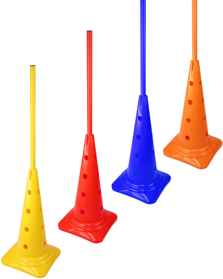 Kombi-Kegel 50 mit Stange 100 cm – 4er Set – Pylone mit Slalomstange – für Slalom-Parcours – Agility