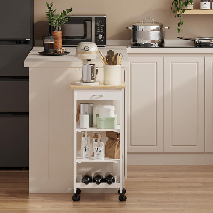 [en.casa] Servierwagen Biel Weiss/Holzfarben 76 x 37 x 37 cm Küchenwagen mit Schublade und 3 Ablagen