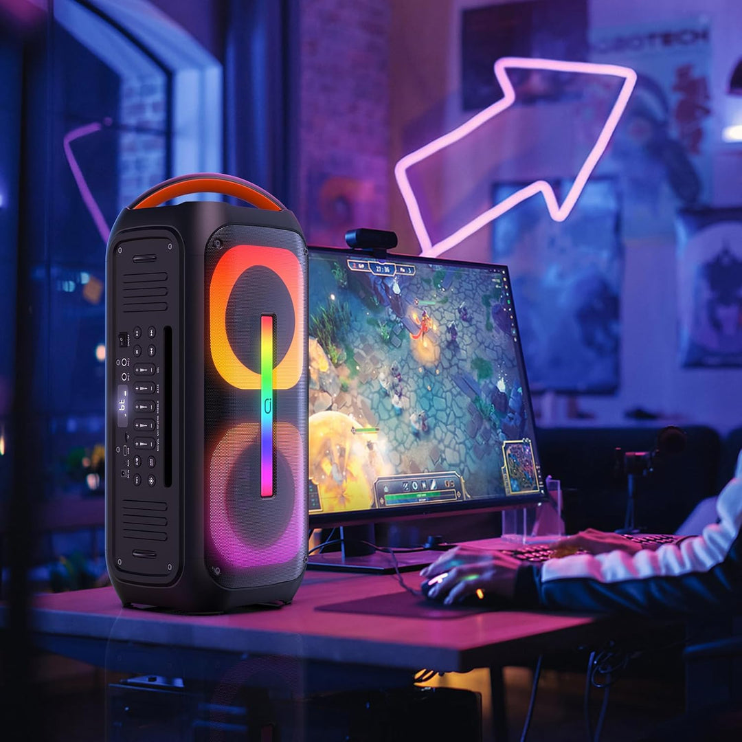 JYX Karaoke Anlage mit 2 drahtlosen Mikrofonen, Grosser Lautsprecher Bluetooth mit Rädern und Disco