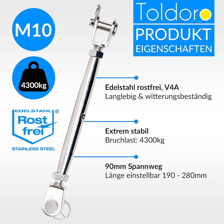 Toldoro® 2x M10 Wantenspanner Edelstahl rostfrei V4A / Sonnensegel Spanner, Spannschloss, Seilspanne